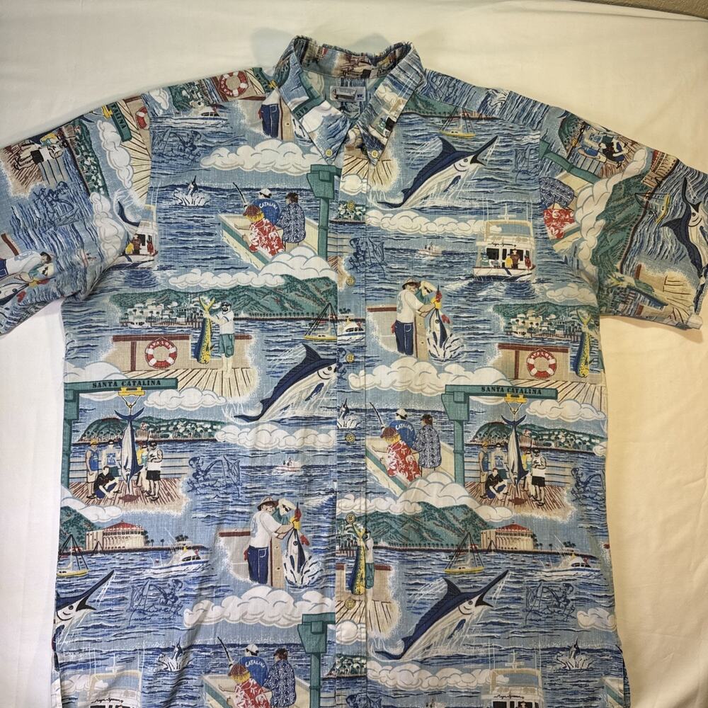 Reyn Spooner Big & Tall Mens 3X Coastal Grandpa Hawaiian Camp Shirt Blues Fish